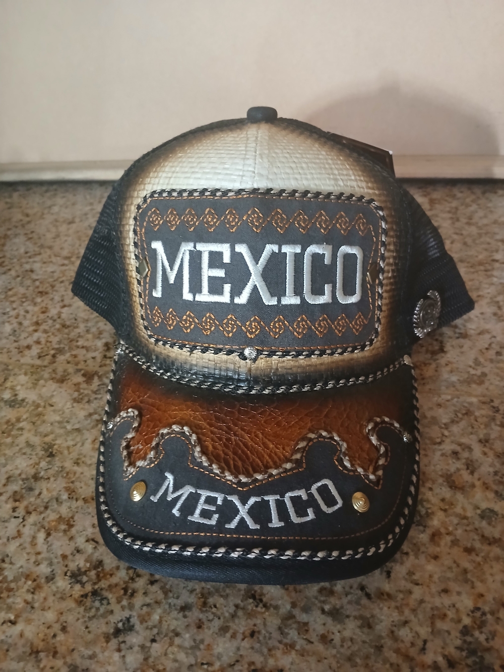 Mexico Embroidered Leather Trucker Hat - Brown & Black